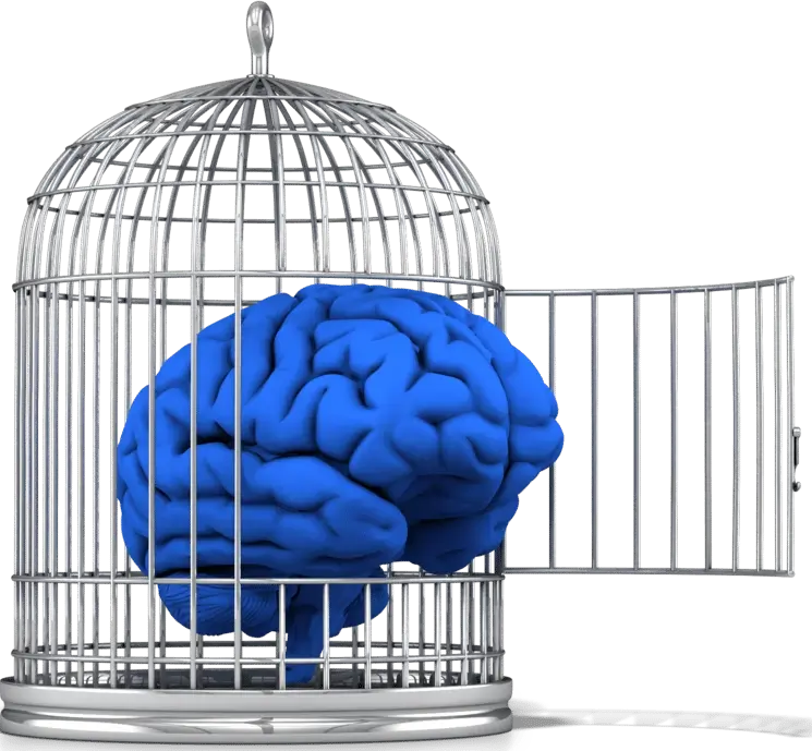 Illustration symbolique d’un cerveau dans une cage ouverte – image représentant la libération intérieure par la thérapie psycho-astro ACP à Paris 20ᵉ